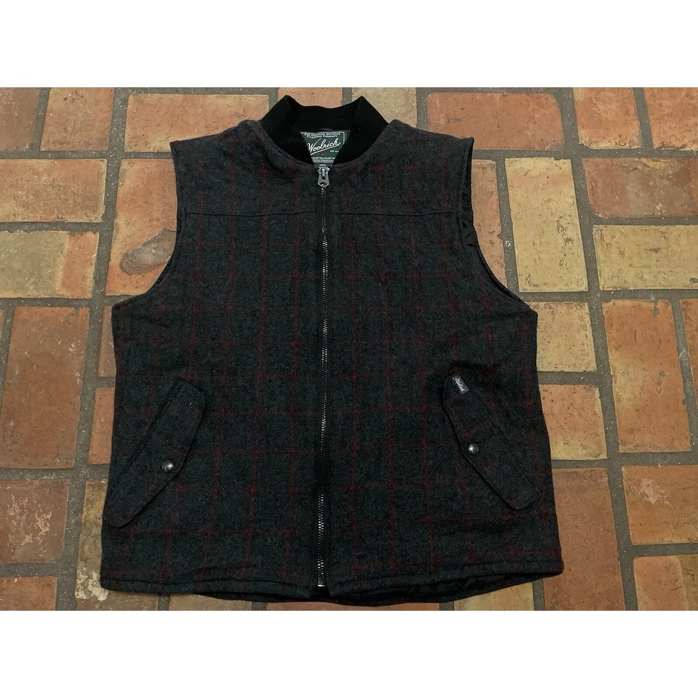 Woolrich Vest Men's XL Full Zip Utility Vest Grey Red Plaid